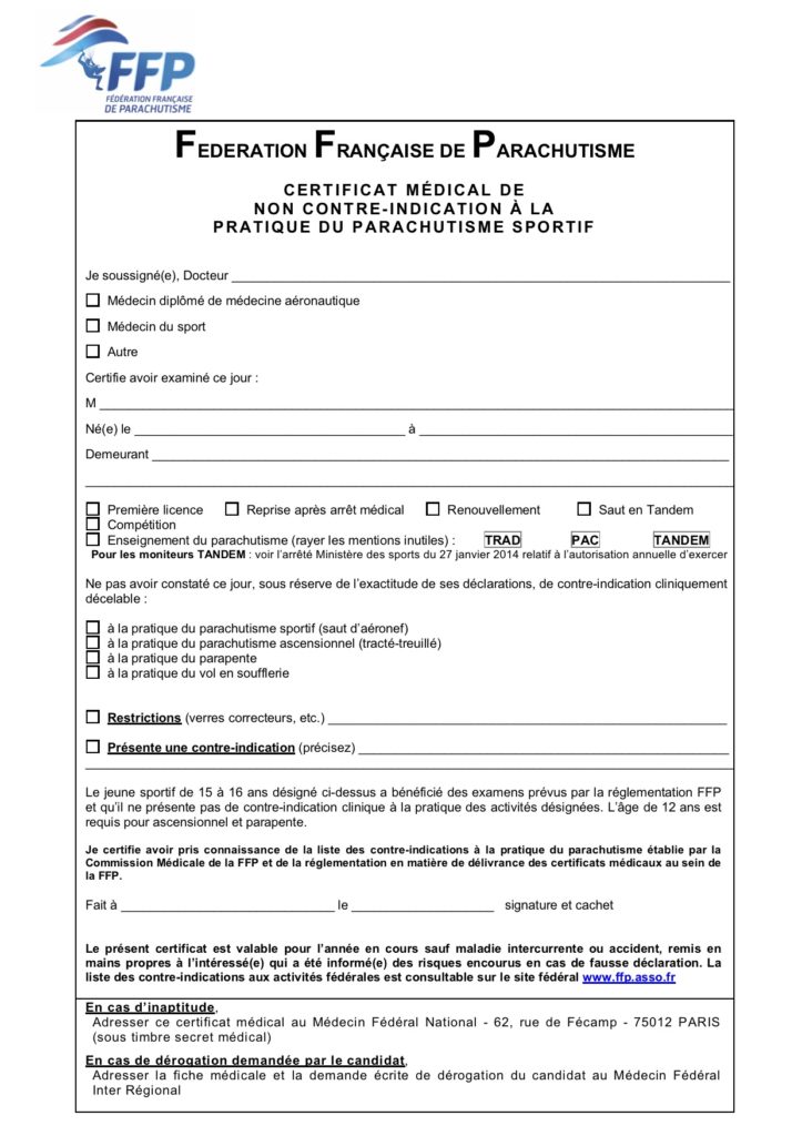 Certificat médical de non contre-indication à la pratique du parachutisme sportif
